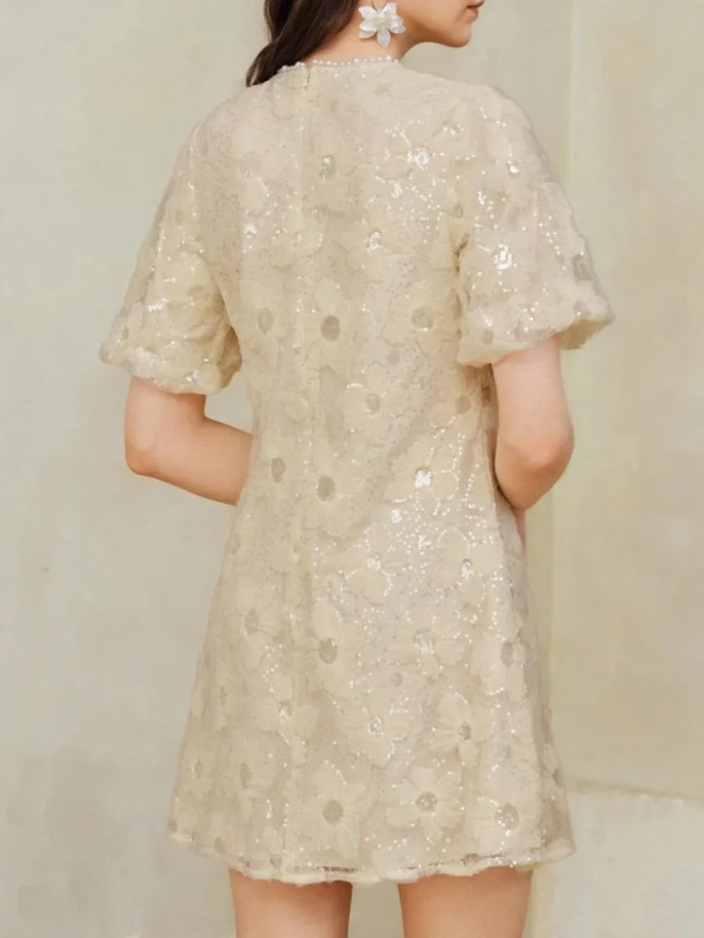 Cream Sequin Floral Applique Mini Dress with Puff Sleeves